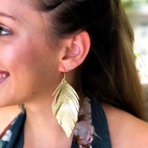 Genuine Leather Gold Feather Earrings